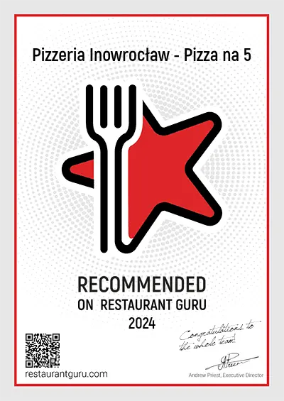 Certyfikat od Restaurant Guru rekomendujący Pizza na 5