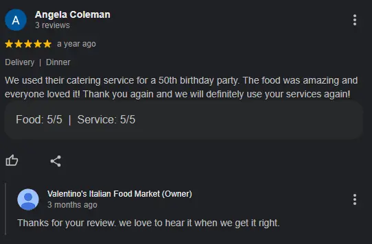 review by Angela Coleman "We used their catering service for a 50th birthday party. The food was amazing and everyone loved it! Thank you again and we will definitely use your services again!"