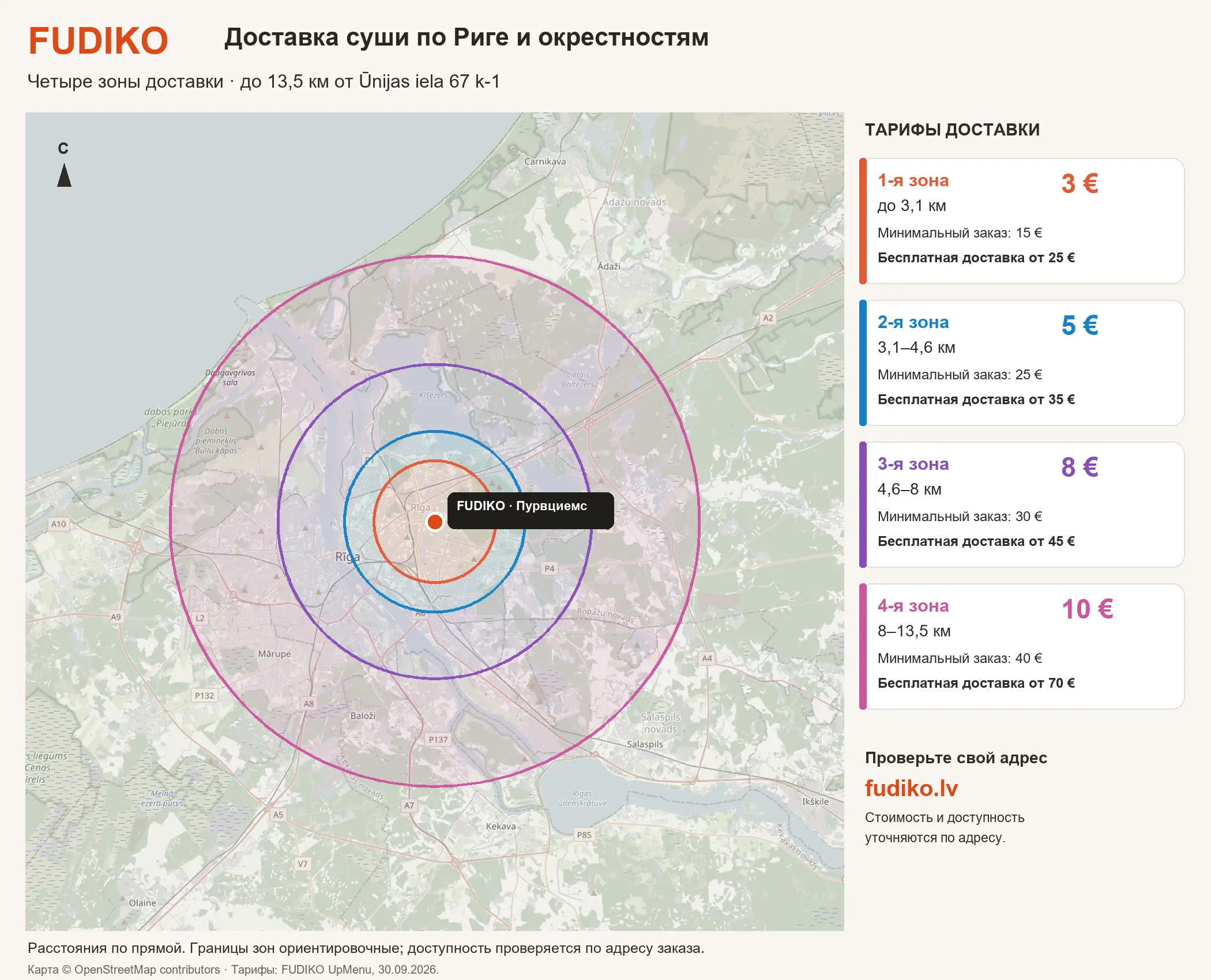 Карта зон доставки FUDIKO по Риге и окрестностям — радиус до 13,5 км и стоимость доставки