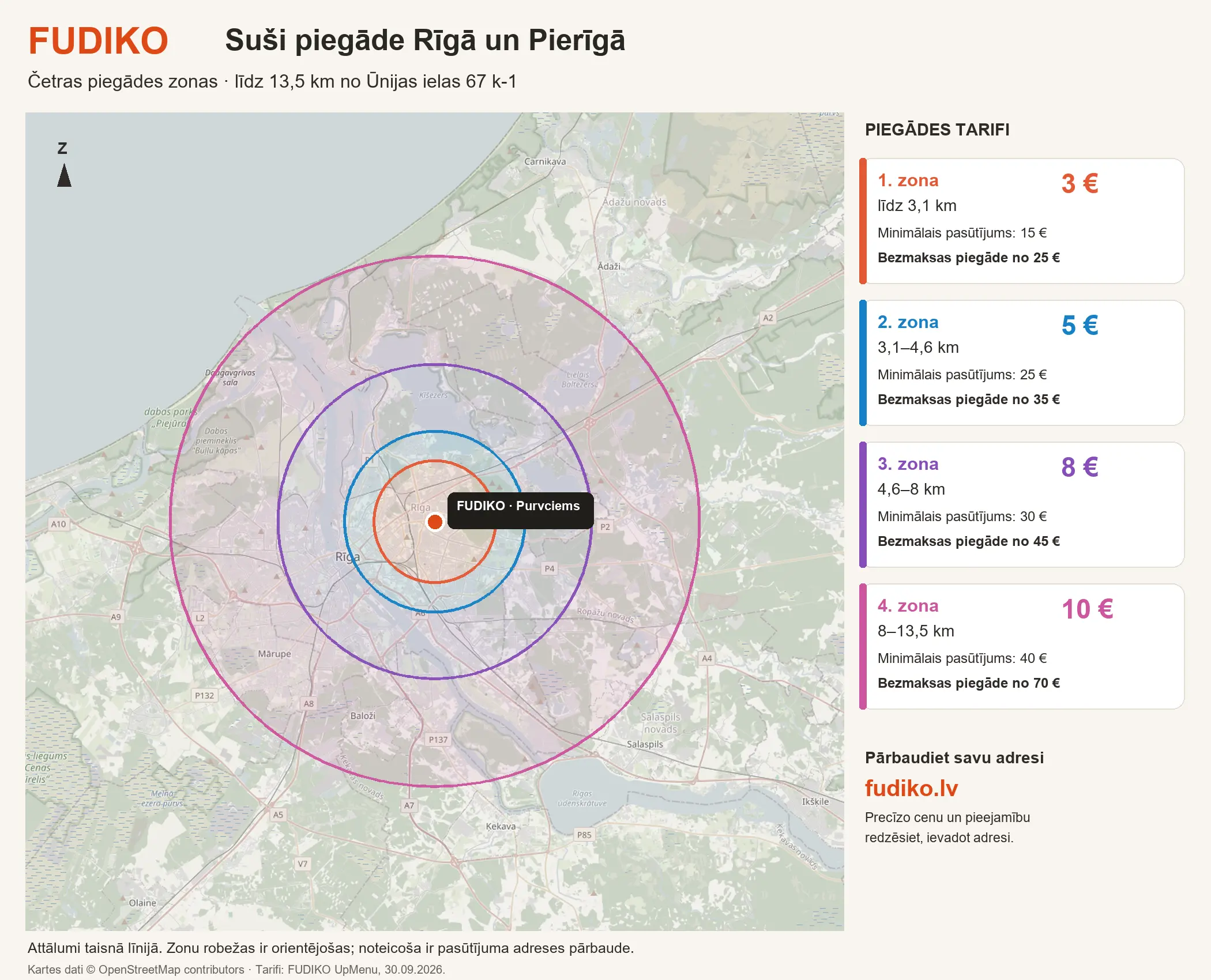 FUDIKO suši piegādes zonu karte Rīgā un Pierīgā ar cenām