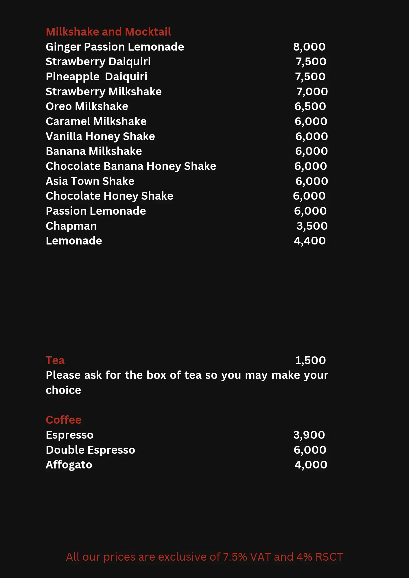 Asia Town menu - Mocktails, Milkshakes, Tea and Coffee