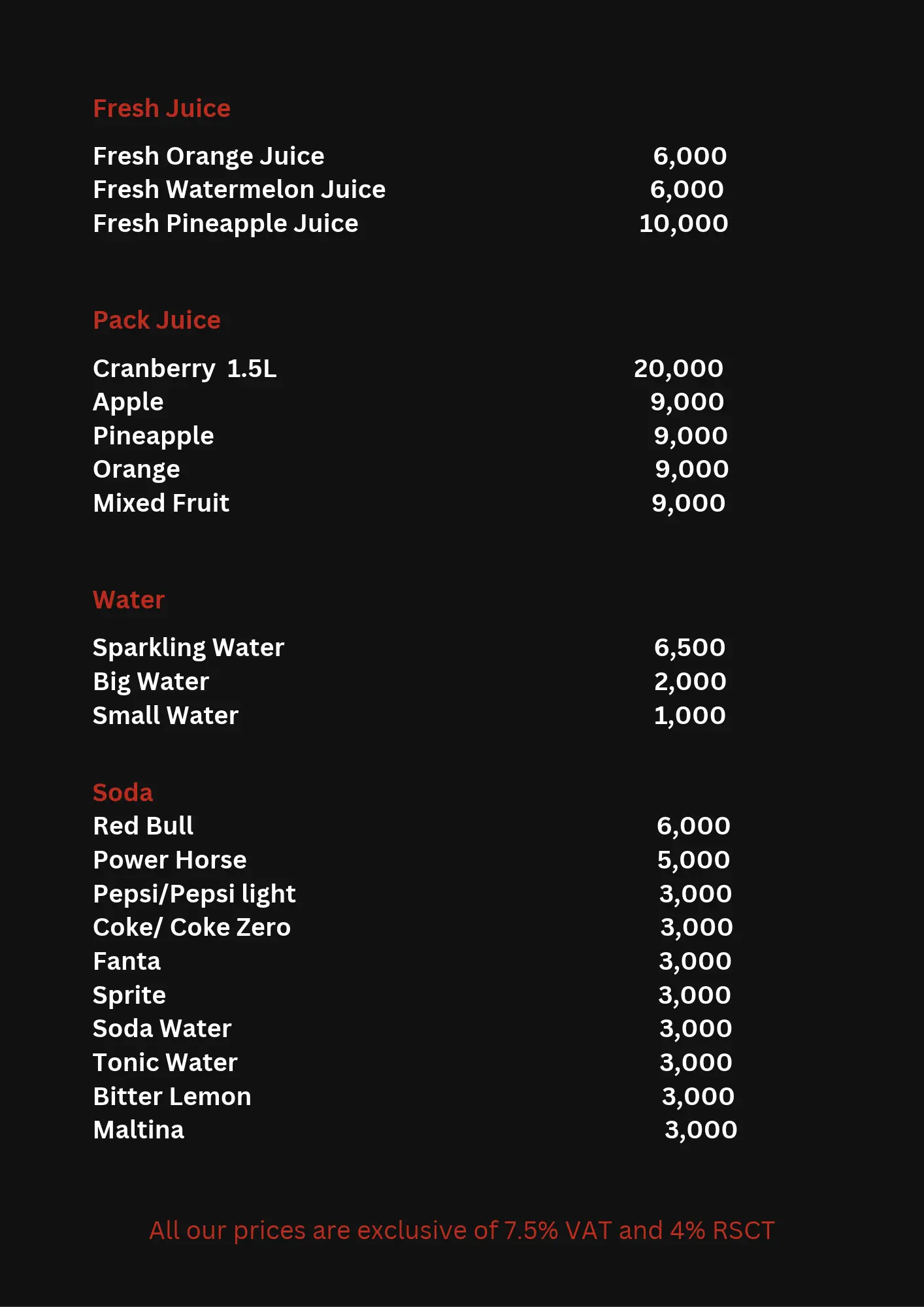 Asia Town menu - Juice, Water and Soft Drinks